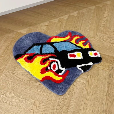 Flaming Car Heart Shaped Rug